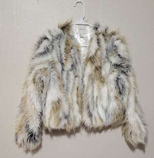 Mixed Cream & Gray Faux Fur Cropped Jacket size S